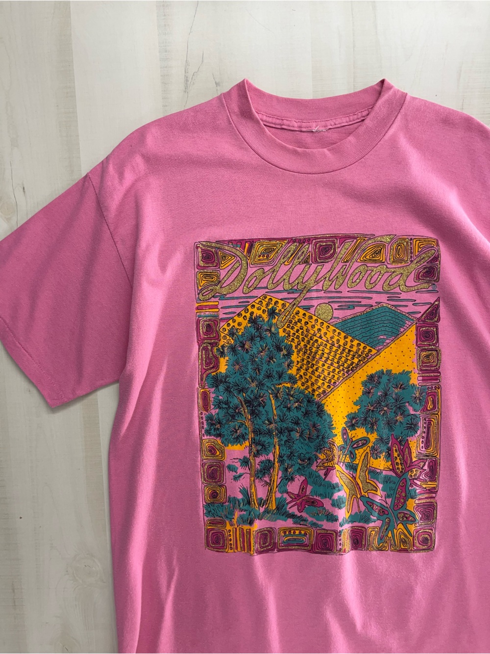 rare 80s DOLLYWOOD glitter graphic Dolly Parton tshirt tee pink